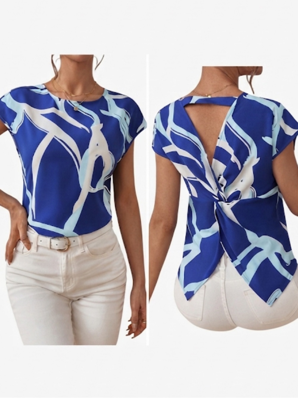 SHEIN Privé Graphic Print Twist Back Cut Out Batwing Sleeve Blouse